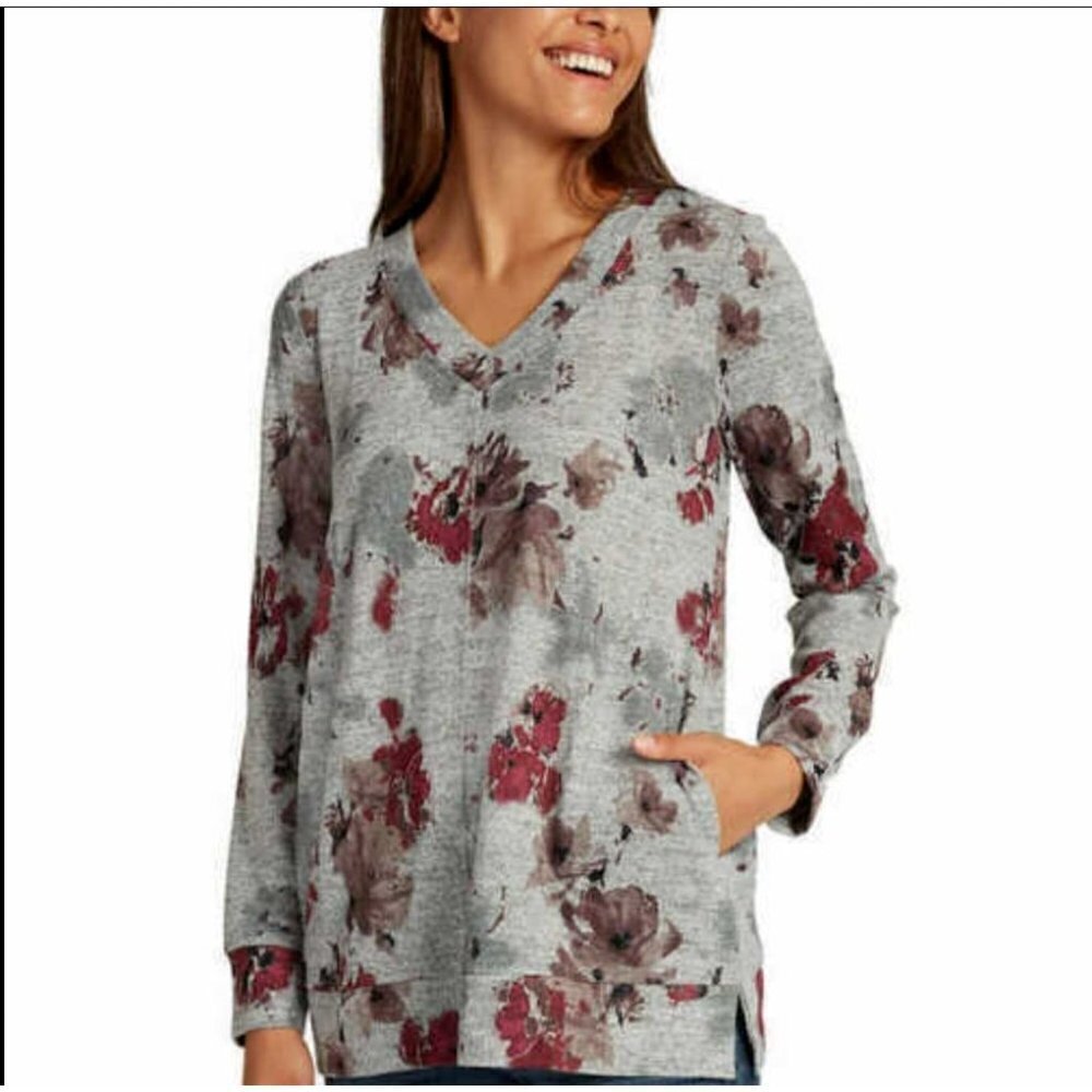 Ellen Tracy Sweater Knit Tunic Top Women's size Medium V Neck L/S Pockets Gray